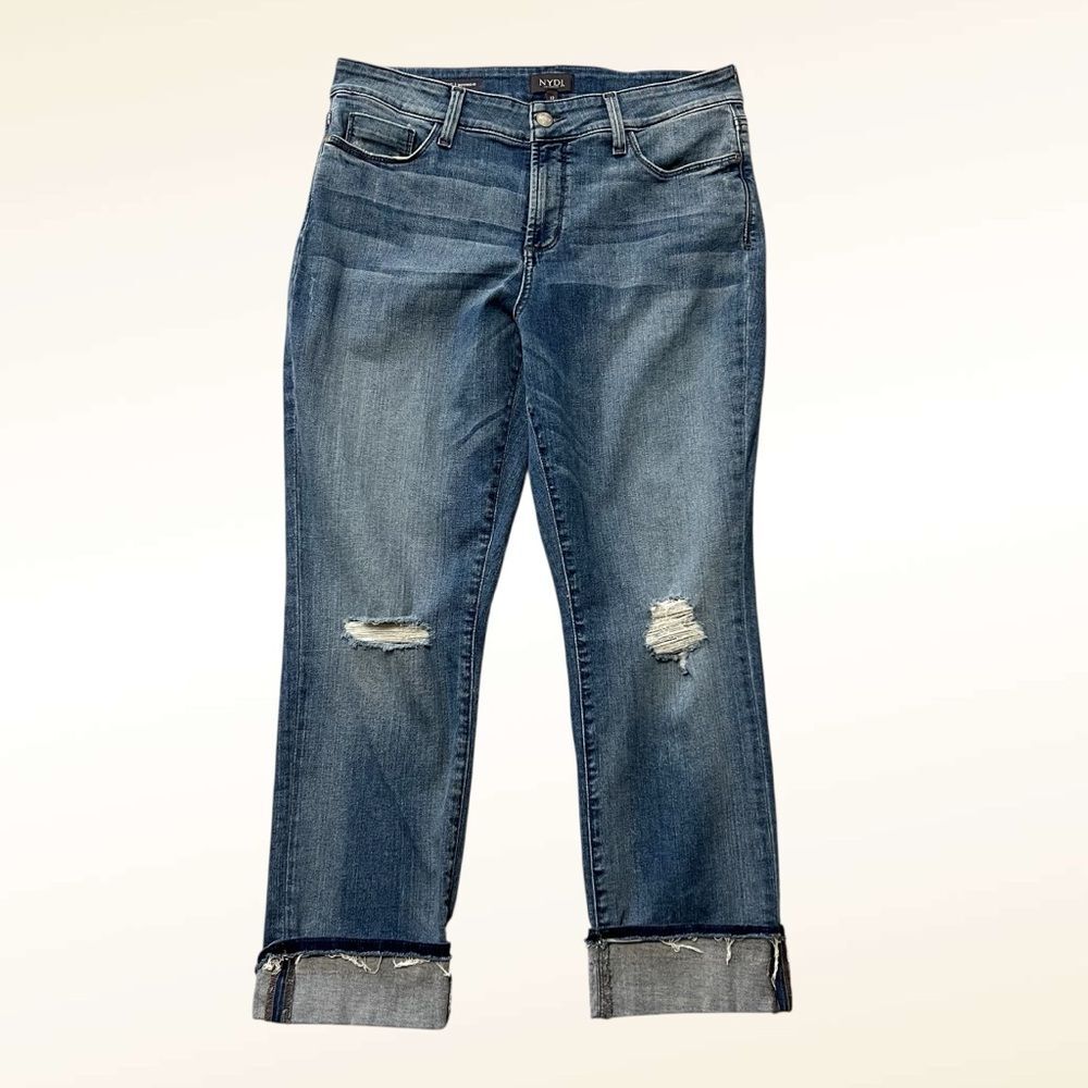 NYDJ Marnie Boyfriend Crop Jeans Size 12 Roll Cuff Distressed Bleached Raw Hem